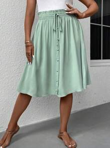 SHEIN LUNE 大碼紙袋腰前打結假鈕扣半身裙 - 薄荷綠 - 查看 3
