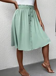 SHEIN LUNE 大碼紙袋腰前打結假鈕扣半身裙 - 薄荷綠 - 查看 4