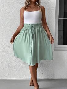 SHEIN LUNE 大碼紙袋腰前打結假鈕扣半身裙 - 薄荷綠 - 查看 5