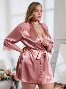 Bata con encaje en contraste con cinturón de satén - Rosa vieja - Ver 3