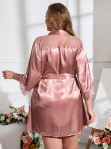 Bata con encaje en contraste con cinturón de satén - Rosa vieja - Ver 4