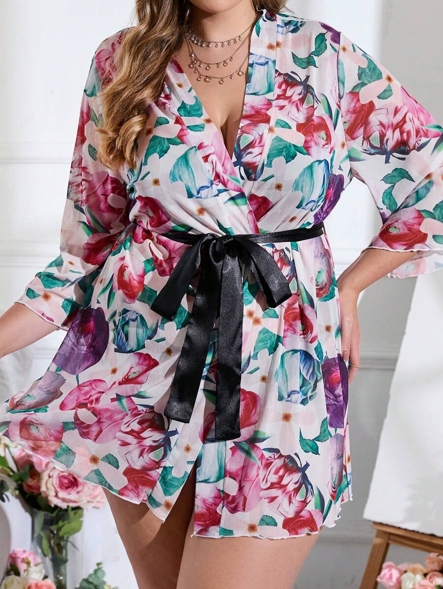 Plus Floral Print Belted Mesh Robe - Multicolor - View 1