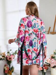 Plus Floral Print Belted Mesh Robe - Multicolor - View 2