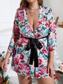 Plus Floral Print Belted Mesh Robe - Multicolor - View 3