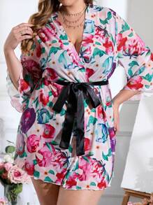 Plus Floral Print Belted Mesh Robe - Multicolor - View 6