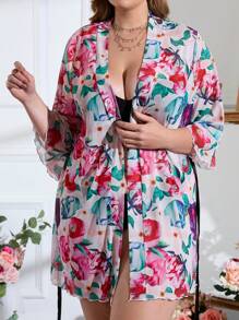 Plus Floral Print Belted Mesh Robe - Multicolor - View 7