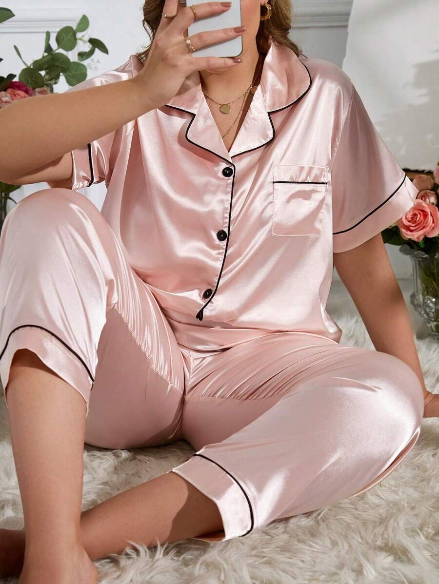 LuxeNights Plus Contrast Piping Satin PJ Set / Pajama Set - Baby Pink - View 1