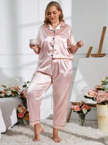 LuxeNights Plus Contrast Piping Satin PJ Set / Pajama Set - Baby Pink - View 2