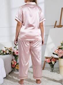 LuxeNights Plus Contrast Piping Satin PJ Set / Pajama Set - Baby Pink - View 3
