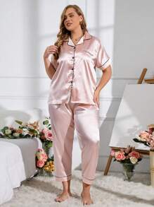 LuxeNights Plus Contrast Piping Satin PJ Set / Pajama Set - Baby Pink - View 5