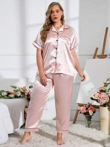 LuxeNights Plus Contrast Piping Satin PJ Set / Pajama Set - Baby Pink - View 7