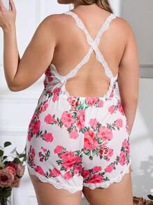 大碼印花蕾絲拼接露背交叉網紗吊帶睡眠連身衣 - 彩色 - 查看 4