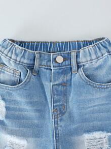 小男童破洞抽鬚漂白水洗牛仔短褲 - 淺色水洗藍 - 查看 4