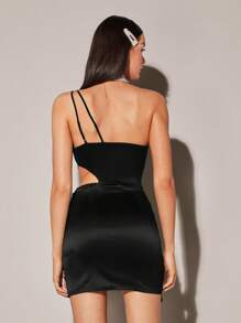 SHEIN BAE 單肩圍裹下擺緊身連衣裙 - 黑色 - 查看 2