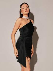 SHEIN BAE 單肩圍裹下擺緊身連衣裙 - 黑色 - 查看 3