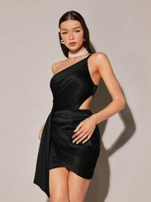 SHEIN BAE 單肩圍裹下擺緊身連衣裙 - 黑色 - 查看 8