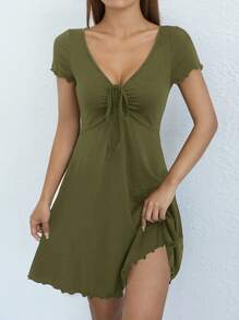 SHEIN EZwear Solid Drawstring Front Lettuce Trim Dress - Army Green - View 1