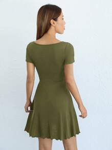 SHEIN EZwear Solid Drawstring Front Lettuce Trim Dress - Army Green - View 2
