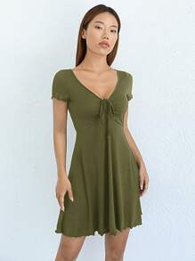 SHEIN EZwear Solid Drawstring Front Lettuce Trim Dress - Army Green - View 3