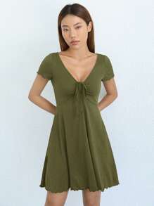 SHEIN EZwear Solid Drawstring Front Lettuce Trim Dress - Army Green - View 4
