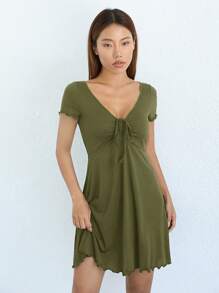 SHEIN EZwear Solid Drawstring Front Lettuce Trim Dress - Army Green - View 5