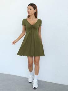 SHEIN EZwear Solid Drawstring Front Lettuce Trim Dress - Army Green - View 6
