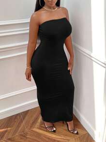 Slaydiva Solid Tube Bodycon Dress - Black - View 1