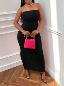 Slaydiva Solid Tube Bodycon Dress - Black - View 4