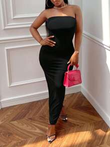 Slaydiva Solid Tube Bodycon Dress - Black - View 5