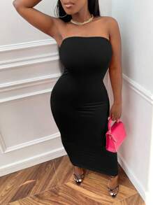 Slaydiva Solid Tube Bodycon Dress - Black - View 6