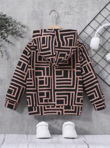 SHEIN 男童休闲宽松街头风针织卡其色卫衣，几何图案印花，秋冬款 - 彩色 - 查看 2