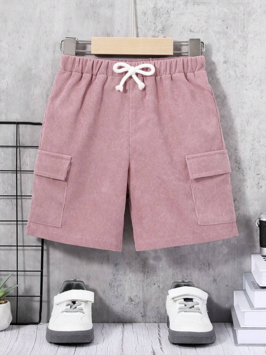 SHEIN 男童休閒運動街頭風格寬鬆燈芯絨短褲,帶蓋袋和抽繩腰帶,春/夏/秋季 - 粉色 - 查看 1