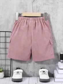 SHEIN 男童休閒運動街頭風格寬鬆燈芯絨短褲，帶蓋袋和抽繩腰帶，春/夏/秋季 - 粉色 - 查看 2