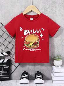 SHEIN 男童休閒運動可愛漢堡標語圖案印花寬鬆圓領短袖T恤夏秋季 - 紅色 - 查看 1