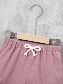 SHEIN 男童休閒運動街頭風格寬鬆燈芯絨短褲，帶蓋袋和抽繩腰帶，春/夏/秋季 - 粉色 - 查看 5