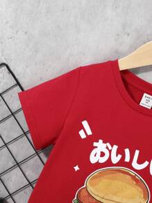 SHEIN 男童休閒運動可愛漢堡標語圖案印花寬鬆圓領短袖T恤夏秋季 - 紅色 - 查看 3