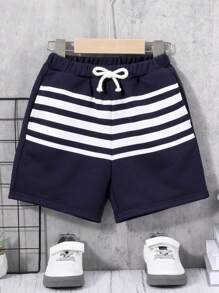 SHEIN 男童休閒和運動可愛街頭風寬鬆條紋圖案和圖案腰部抽繩短褲適用於海灘,夏天 - 藏蓝色 - 查看 1