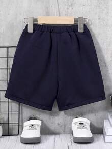 SHEIN 男童休閒和運動可愛街頭風寬鬆條紋圖案和圖案腰部抽繩短褲適用於海灘,夏天 - 藏蓝色 - 查看 2