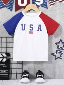 SHEIN 男童休閒運動街頭風寬鬆百搭美國國旗和字母圖案落肩袖T恤適用於假期,獨立日,夏天和秋天 - 彩色 - 查看 1