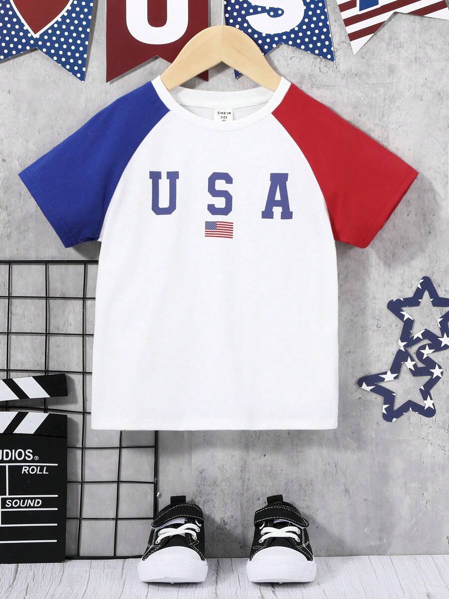 SHEIN 男童休閒運動街頭風寬鬆百搭美國國旗和字母圖案落肩袖T恤適用於假期,獨立日,夏天和秋天 - 彩色 - 查看 1