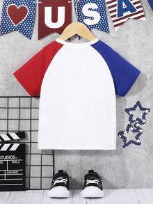 SHEIN 男童休閒運動街頭風寬鬆百搭美國國旗和字母圖案落肩袖T恤適用於假期,獨立日,夏天和秋天 - 彩色 - 查看 2
