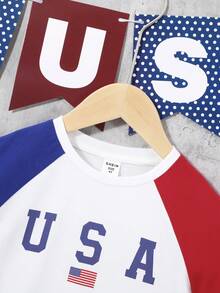 SHEIN 男童休閒運動街頭風寬鬆百搭美國國旗和字母圖案落肩袖T恤適用於假期,獨立日,夏天和秋天 - 彩色 - 查看 4