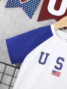 SHEIN 男童休閒運動街頭風寬鬆百搭美國國旗和字母圖案落肩袖T恤適用於假期,獨立日,夏天和秋天 - 彩色 - 查看 5