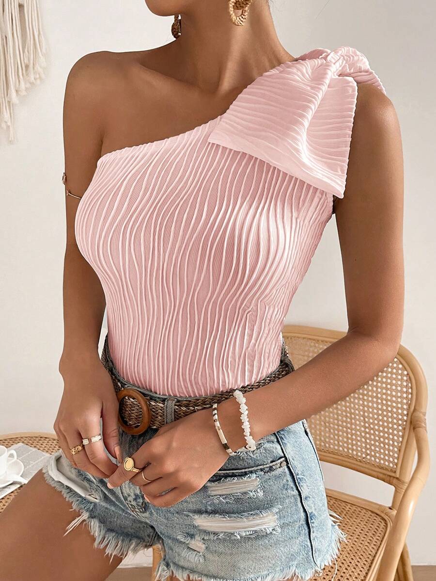 Chiquease 素色單肩蝴蝶結細節上衣 - 粉色 - 查看 1