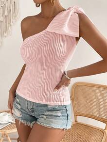 Chiquease 素色單肩蝴蝶結細節上衣 - 粉色 - 查看 5