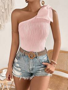 Chiquease 素色單肩蝴蝶結細節上衣 - 粉色 - 查看 6