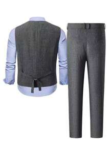 Manfinity Mode 男士1入組格紋馬甲和1入組西裝褲套裝 - 深灰色 - 查看 2