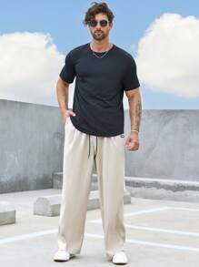 Manfinity Homme 男士寬鬆直筒長褲,採用字母補丁細節設計和束口腰帶 - 米色 - 查看 6