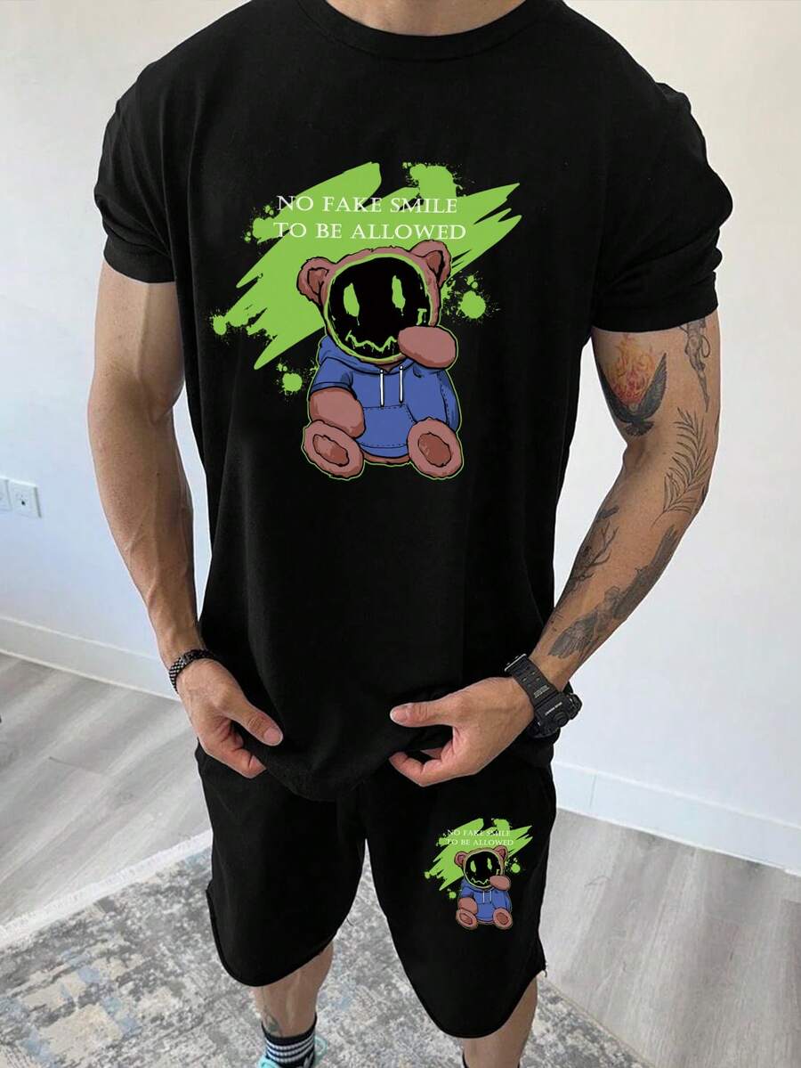 Manfinity Hypemode Hombres Shorts con camiseta con estampado de dibujos animados - Negro - Ver 1