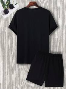 Manfinity Hypemode Hombres Shorts con camiseta con estampado de dibujos animados - Negro - Ver 2